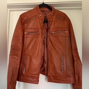 Brown Leather Jacket with Zipper Details